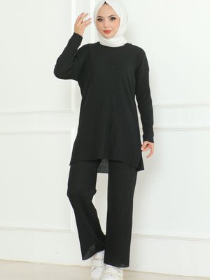 Siyah Parça Kaşkorse Kumaş Çizgili Fitilli Mevsimlik Alt Üst Takım