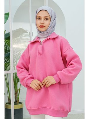 Pembe Yarım Fermuar Detay Sweat Pembe Yarım Fermuar Detay Sweat