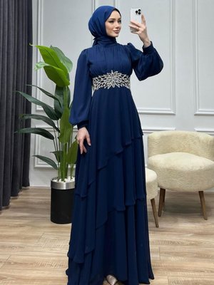 Kat Kat Taş İşlemeli Abiye Elbise Lacivert