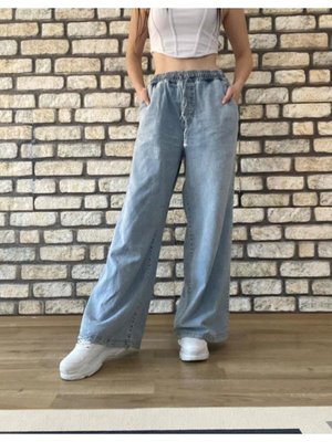 Mavi Bağcıklı Beli Lastikli Bol Paça Kot Pantolon Mavi Bağcıklı Beli Lastikli Bol Paça Kot Pantolon