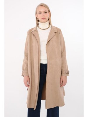 Bej Kuşaklı Kolları Detaylı Süet Trençkot