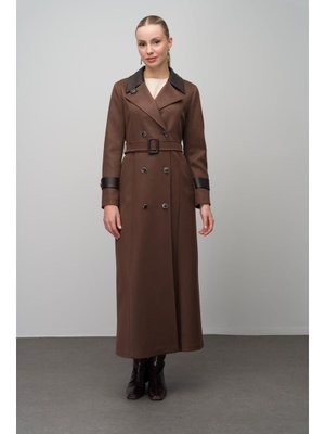 Kruvaze Deri Garnili Gabardin Süet Görünümlü Pardesü Kahve