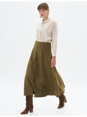 Dikiş Detaylı Süet Etek Haki