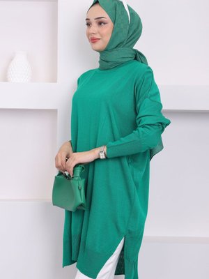 Yeşil Bisiklet Yaka İnce Merserize Salaş Triko Tunik Yeşil Bisiklet Yaka İnce Merserize Salaş Triko Tunik