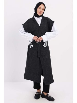 Antrasit Kemerli Metal Tokalı Cepli Uzun Yelek