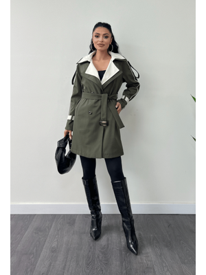 Haki Yeşili Bondit Kumaş Tasarım Trençkot