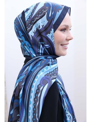 Desenli Pamuk Viskon Şal Lacivert Mavi