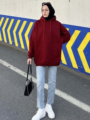 Üç Iplik Kanguru Cep Sweatshirt Bordo Üç Iplik Kanguru Cep Sweatshirt Bordo