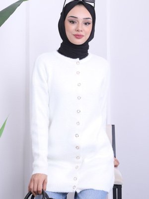 Ekru Sakallı Uzun Triko Hırka