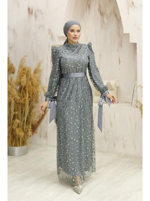 Gülçiçek Boncuklu Abiye Elbise Gümüş