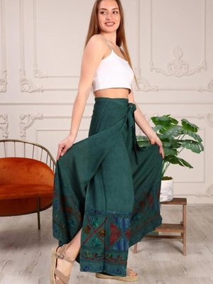 Yeşil Otantik Nakış İşlemeli Harem Şalvar Bulmaca Pantolon