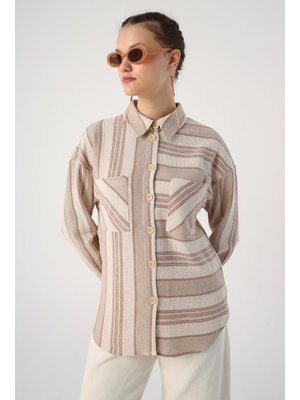 Sütlü Kahve Pamuklu Çizgili Cepli Yanları Yırtmaçlı Gömlek