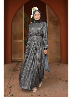 Arven Payetli Abiye Elbise Gümüş