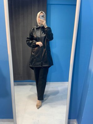 Yeni Sezon Deri Kısa Cepli Fermuarlı Ceket Etek Ucu Lastikli