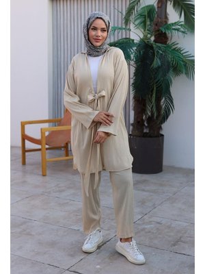 Bej Bağlama Detaylı Kimono Takım Bej Bağlama Detaylı Kimono Takım