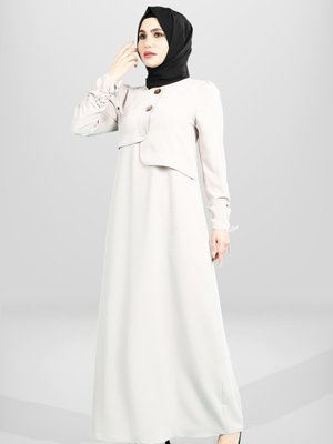 Bej Düğme Detaylı Kolu Büzgülü Elbise