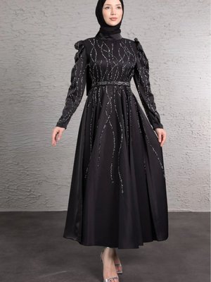 Renkli Dalgalı Minik Boncuk İşlemeli Abiye Elbise Lacivert