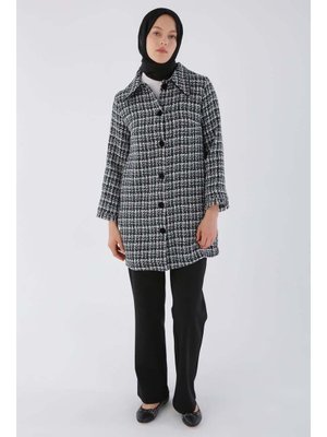 Siyah Kadife Düğmeli Gömlek Yaka Tüvit Ceket