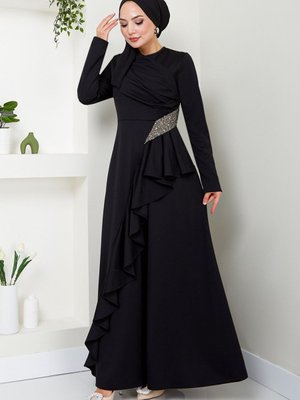 Taşlı Abiye Elbise Siyah