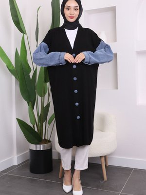 Siyah Kot Detaylı Düğmeli Triko Hırka Siyah Kot Detaylı Düğmeli Triko Hırka