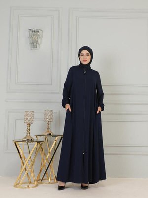 Boydan Fermuarlı Medine İpeği Ferace Lacivert