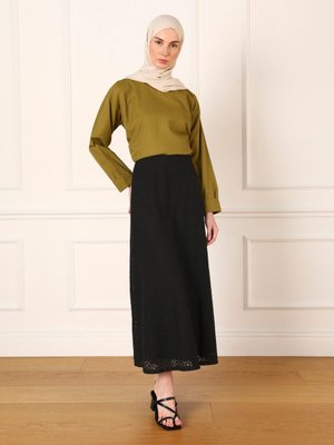 Dantel Kumaş Beli Latikli Etek Siyah