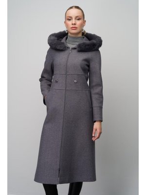 Gri Kürklü Kapüşonlu Beli Büzgülü Yün Karışımlı Kap