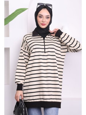 Siyah Ribanalı Yaka Fermuarlı Çizgili Sweat Siyah Ribanalı Yaka Fermuarlı Çizgili Sweat