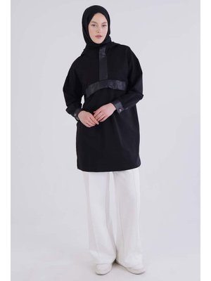 Siyah Deri Garnili Kapüşonlu Sweat Tunik Siyah Deri Garnili Kapüşonlu Sweat Tunik