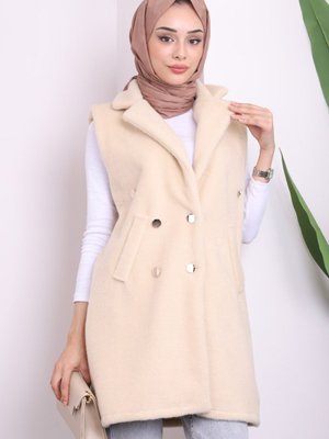 Bej Kruvaze Yaka Düğmeli Angora Yelek Bej Kruvaze Yaka Düğmeli Angora Yelek