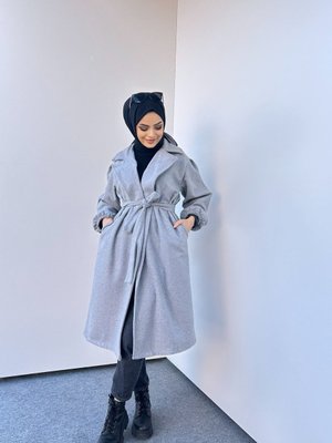 Kemerli Kaşe Kaban Gri