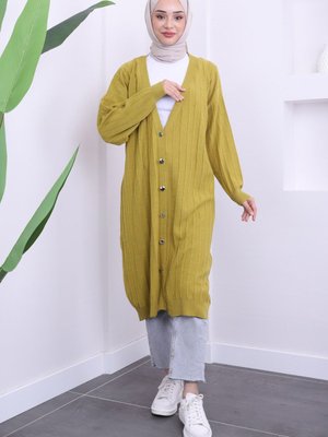 Yağ Yeşili Mevsimlik Merserize Salaş Triko Hırka