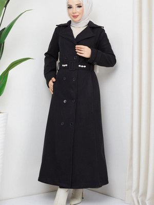 Kemeri Taşlı Düğmeli Kaşe Kaban Siyah Kemeri Taşlı Düğmeli Kaşe Kaban Siyah