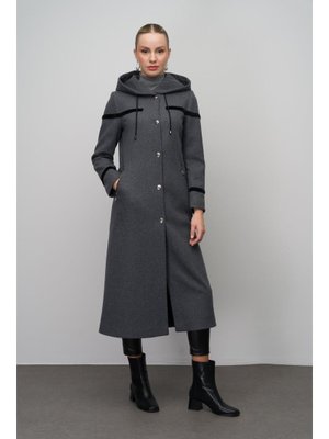 Antrasit Kapüşonlu Çıt Kapamalı Yün Karışımlı Uzun Kap