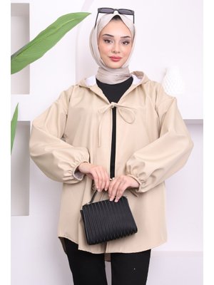Bej Ön Bağlamalı Kapüşonlu Kısa Trençkot Bej Ön Bağlamalı Kapüşonlu Kısa Trençkot