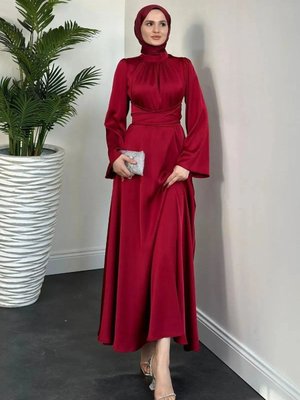 İspanyol Kol Beli Dolamalı Saten Abiye Elbise