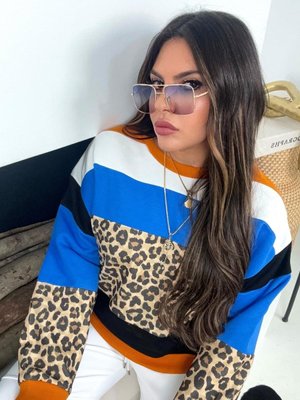 Renkli Kontrast Bloklu Leopar Sweatshirt