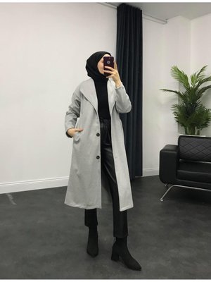 Kruvaze Yaka Kaşe Kaban Gri Kruvaze Yaka Kaşe Kaban Gri