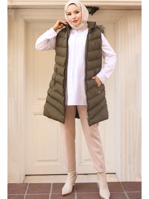Haki Kapüşonu Kürklü Şişme Yelek