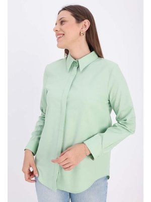 Su Yeşili Pamuklu Gizli Patlı Gömlek