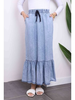 Mavi Ucu Katlı Kot Etek