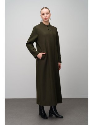 Haki m Yaka İşleme Detaylı Yün Karışımlı Büyük Beden Pardesü