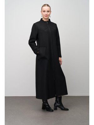 Siyah Taş Detaylı Büyük Beden Yün Karışımlı Uzun Kap