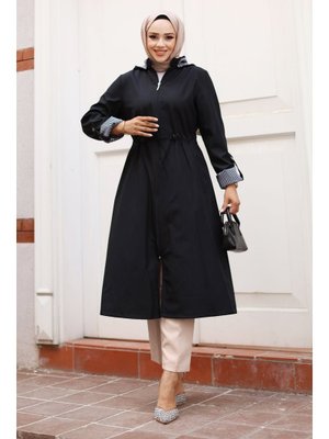 Siyah Fermuarlı Astarı Çizgili Trençkot