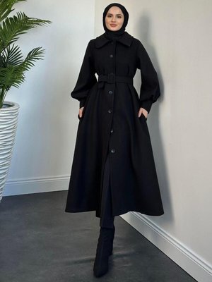 Valery Kolu Manşetli Kemerli Astarlı Kaşe Kaban Siyah Valery Kolu Manşetli Kemerli Astarlı Kaşe Kaban Siyah