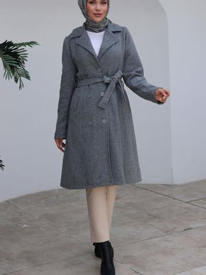 Gri Düğme Detaylı Kaşe Kaban