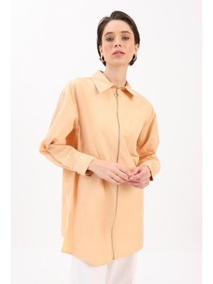 Bej Fermuarlı Manşeti Dubleli Gömlek Tunik