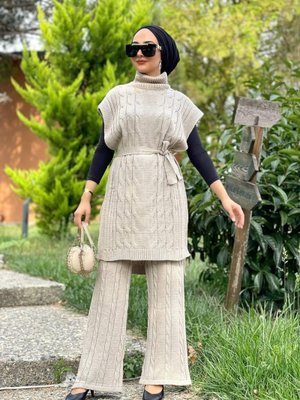 Bogazli Yaka Saç Örgülü Kuşaklı Süveter Takım