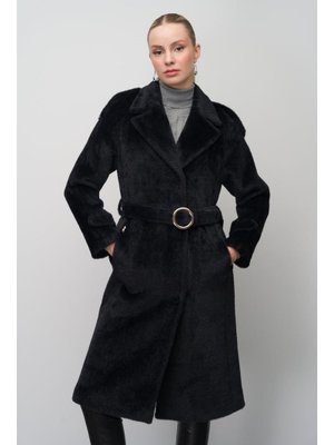 Siyah Çıt Kapamalı Apolet Ve Zincir Aksesuarlı Angora Görünümlü Kaban