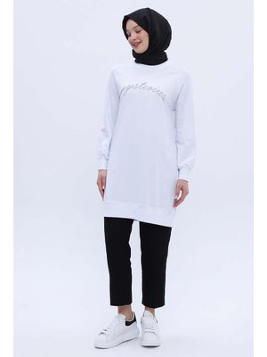 Beyaz Pamuklu Reglan Kol Zincir Nakışlı Sweat Tunik